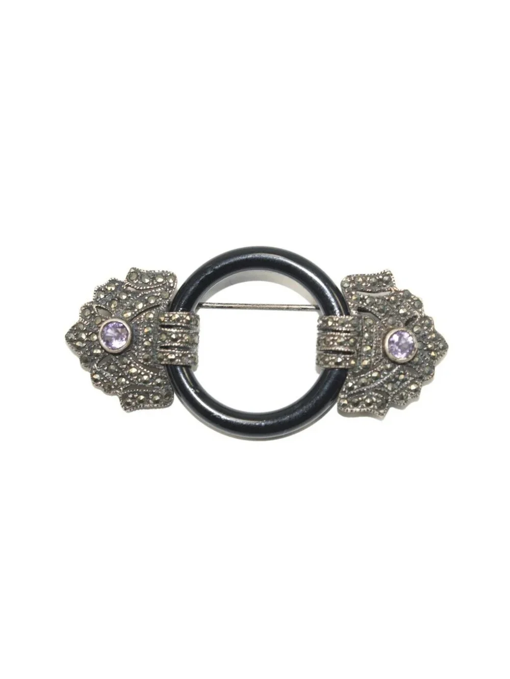 Art Deco Vintage Sterling Silver, Marcasite, Amethyst and Onyx Ring Brooch.